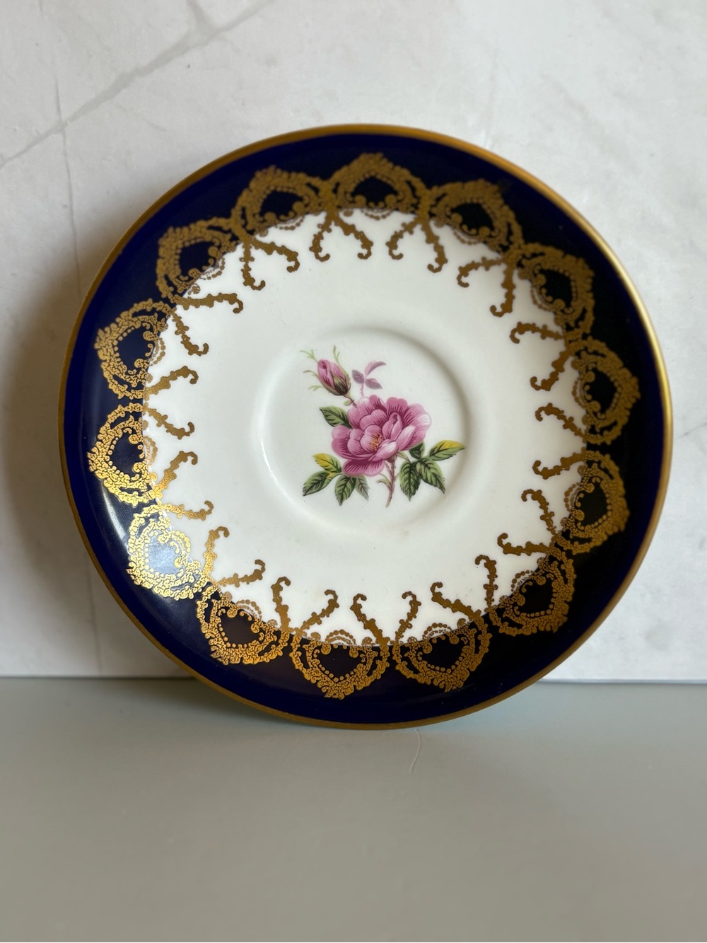 5 1/2” Aynsley Cobalt Blue and Gold Floral Porcelain Saucer with Pink Rose